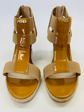 Load image into Gallery viewer, Fendi Camel Patent Leather and Raffia Carioca Wedge Size 36 1/2