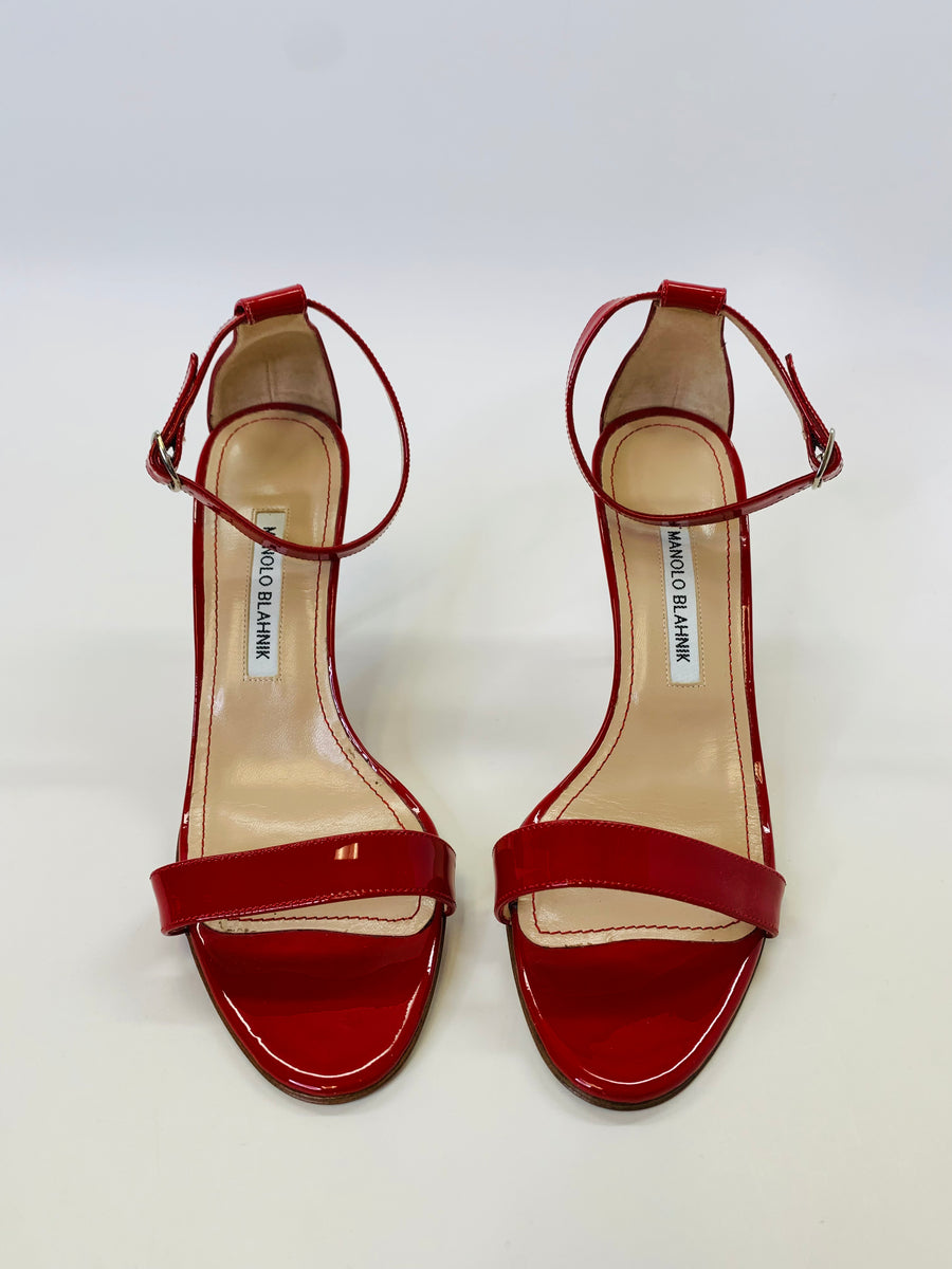 Manolo Blahnik Red Patent Leather Chaos 95mm Sandals Size 39 Manolo Blahnik Red Patent Leather Chaos 95mm Sandals Size 39