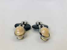 Load image into Gallery viewer, Oscar de la Renta Crystal, Pearl and Black Resin Clip Earrings