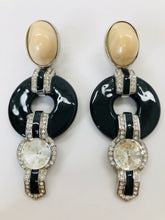 Load image into Gallery viewer, Oscar de la Renta Crystal, Pearl and Black Resin Clip Earrings