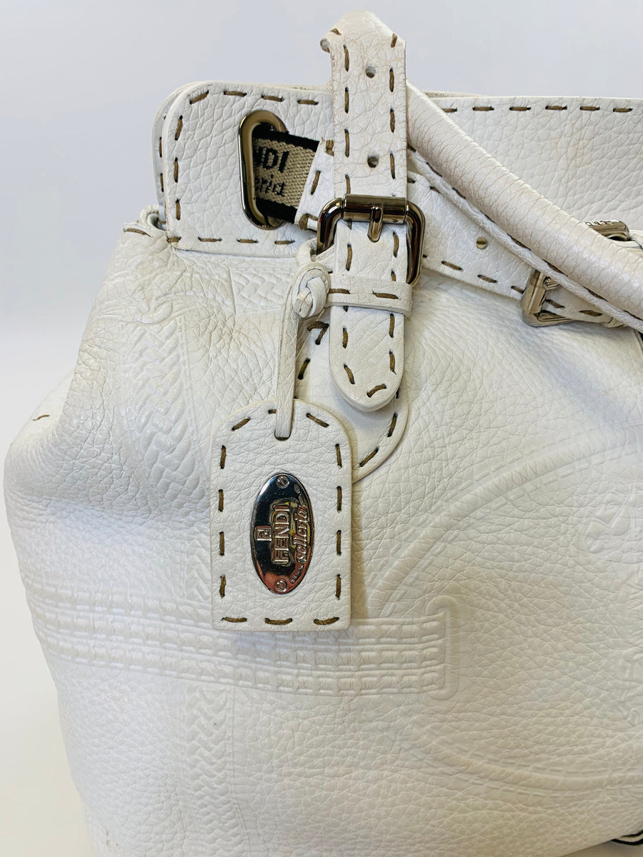 Vintage Fendi White Leather Selleria Bag With Horse Logo Tote Handbag