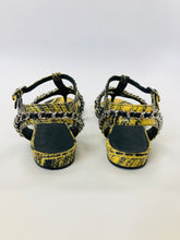 Load image into Gallery viewer, CHANEL Yellow And Black Python With Silver Chain CC Thong Sandals Size 37 1/2