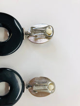 Load image into Gallery viewer, Oscar de la Renta Crystal, Pearl and Black Resin Clip Earrings