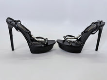 Load image into Gallery viewer, Saint Laurent Black Alice Silver Chain and Man Made Pearl T Strap Sandals Size 38 1/2