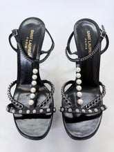 Load image into Gallery viewer, Saint Laurent Black Alice Silver Chain and Man Made Pearl T Strap Sandals Size 38 1/2