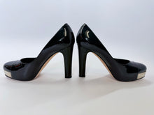 Load image into Gallery viewer, CHANEL Black Patent Leather CHANEL Letters Platform Pump Size 37 1/2