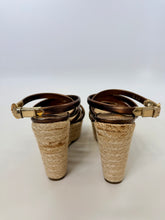 Load image into Gallery viewer, Louis Vuitton Bronze Leather and Raffia Platform Wedges Size 37 1/2