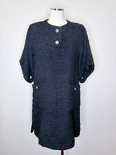 Load image into Gallery viewer, CHANEL Black Fantasy Tweed Dress With Purple And Green Lion CC Buttons Size 40