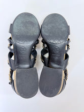 Load image into Gallery viewer, CHANEL Black Leather and Gold Chain CC Sandals Size 37 1/2