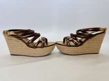 Load image into Gallery viewer, Louis Vuitton Bronze Leather and Raffia Platform Wedges Size 37 1/2