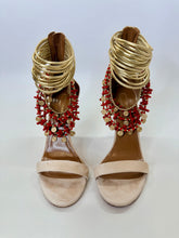 Load image into Gallery viewer, Aquazzura Queen of the Nile Beige Suede Embellished Sandals Size 38 1/2