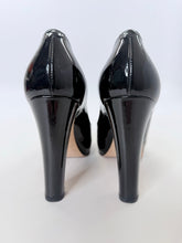 Load image into Gallery viewer, CHANEL Black Patent Leather CHANEL Letters Platform Pump Size 37 1/2
