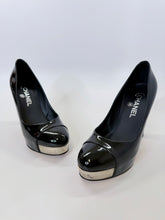 Load image into Gallery viewer, CHANEL Black Patent Leather CHANEL Letters Platform Pump Size 37 1/2