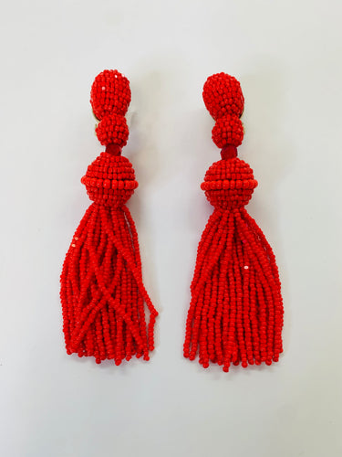 Oscar de la Renta Red Tassel Clip Earrings