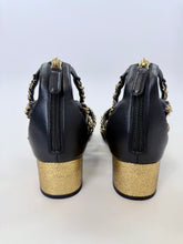 Load image into Gallery viewer, CHANEL Black Leather and Gold Chain CC Sandals Size 37 1/2