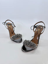 Load image into Gallery viewer, Aquazzura Monaco 105 Antracite Leather and Crystal Sandal Size 38 1/2