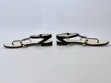 Load image into Gallery viewer, CHANEL Black Patent Leather CC And Camellia Flat Thong Sandals Size 39 1/2