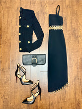 Load image into Gallery viewer, Alexis Tale Black Dress With Gold Chains Size XS