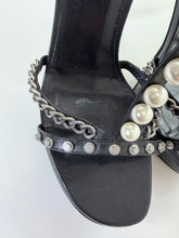 Load image into Gallery viewer, Saint Laurent Black Alice Silver Chain and Man Made Pearl T Strap Sandals Size 38 1/2