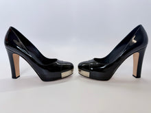 Load image into Gallery viewer, CHANEL Black Patent Leather CHANEL Letters Platform Pump Size 37 1/2