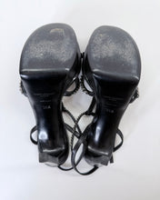 Load image into Gallery viewer, Saint Laurent Black Alice Silver Chain and Man Made Pearl T Strap Sandals Size 38 1/2