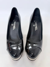 Load image into Gallery viewer, CHANEL Black Patent Leather CHANEL Letters Platform Pump Size 37 1/2