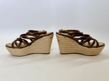 Load image into Gallery viewer, Louis Vuitton Bronze Leather and Raffia Platform Wedges Size 37 1/2