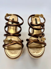 Load image into Gallery viewer, Louis Vuitton Bronze Leather and Raffia Platform Wedges Size 37 1/2