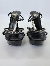 Load image into Gallery viewer, Saint Laurent Black Alice Silver Chain and Man Made Pearl T Strap Sandals Size 38 1/2