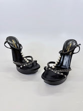 Load image into Gallery viewer, Saint Laurent Black Alice Silver Chain and Man Made Pearl T Strap Sandals Size 38 1/2