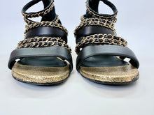 Load image into Gallery viewer, CHANEL Black Leather and Gold Chain CC Sandals Size 37 1/2
