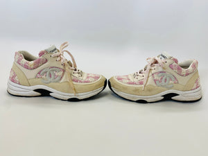 CHANEL Pink and Ivory Tweed CC Sneakers Size 37 1/2