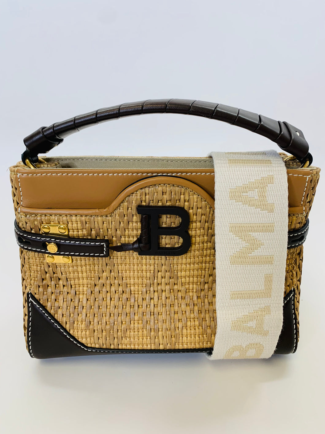 Balmain Bbuzz 22 Brown Calfskin and Raffia Top Handle Bag with Strap