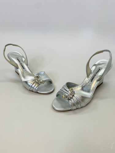 Manolo Blahnik Silver Leather and Crystal Wedge Size 36