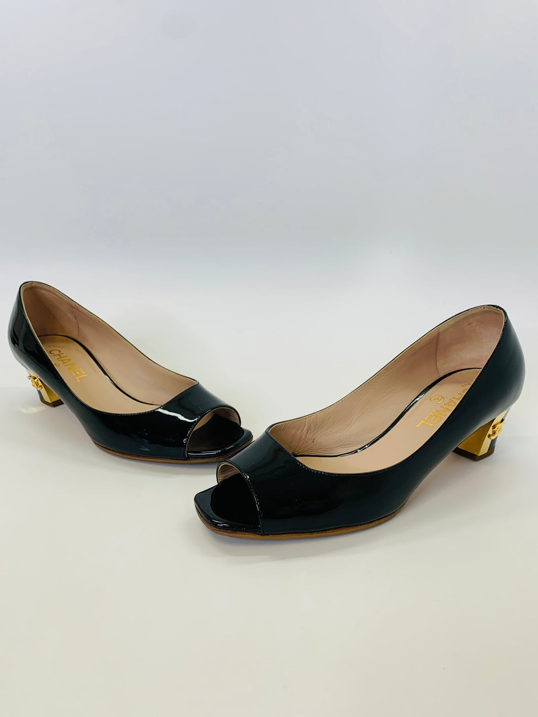 CHANEL Black Patent Leather Peep Toe Pumps Size 38