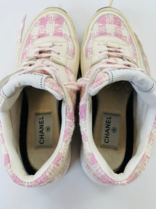 CHANEL Pink and Ivory Tweed CC Sneakers Size 37 1/2