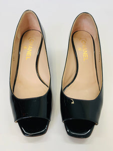 CHANEL Black Patent Leather Peep Toe Pumps Size 38