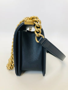 CHANEL Dark Blue Grained Calfskin Medium Boy Bag