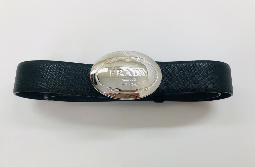 Prada Black Oval Logo Buckle Belt Size 90/36