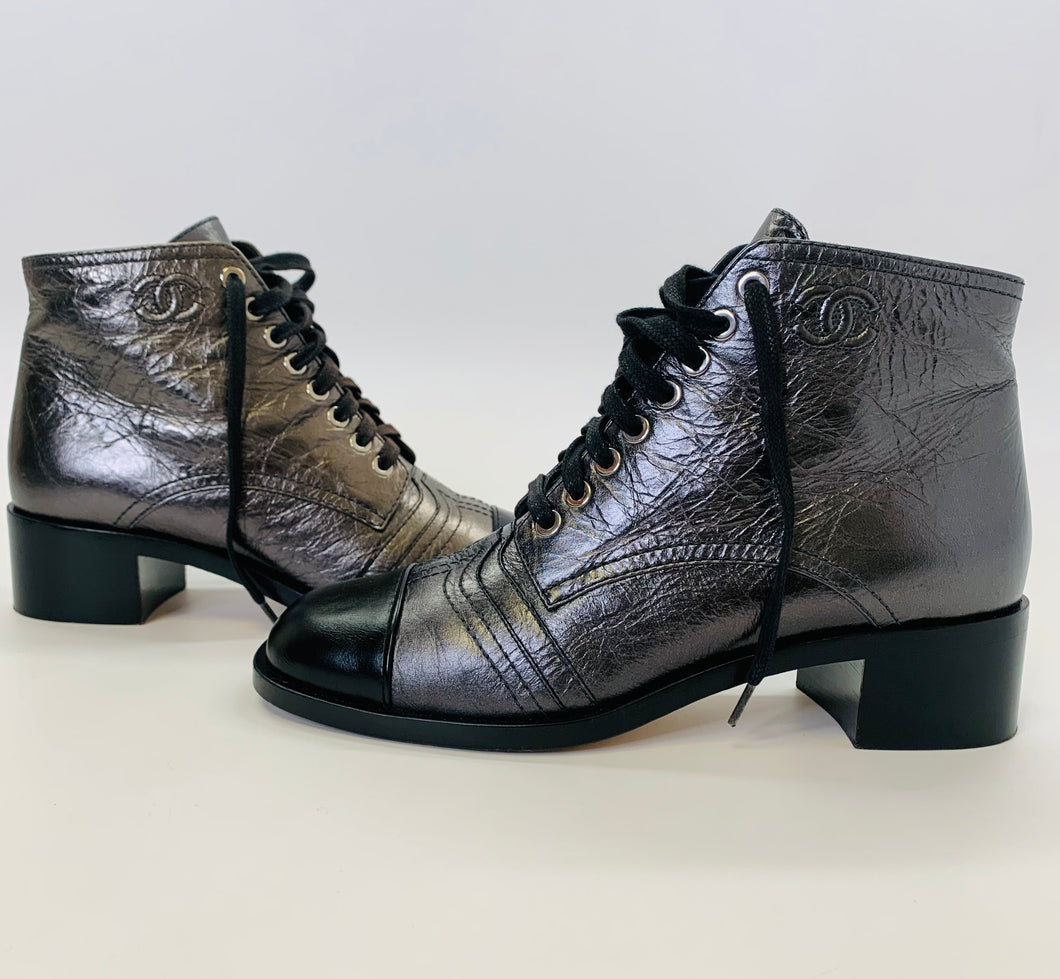 CHANEL Grey and Black Lace Up Boots Size 38