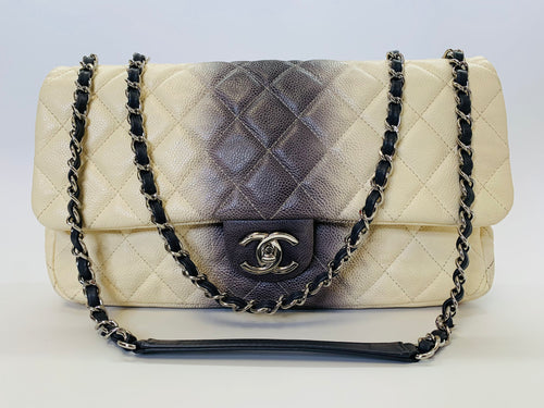 CHANEL Ivory and Grey Ombré Caviar Leather Flap Bag