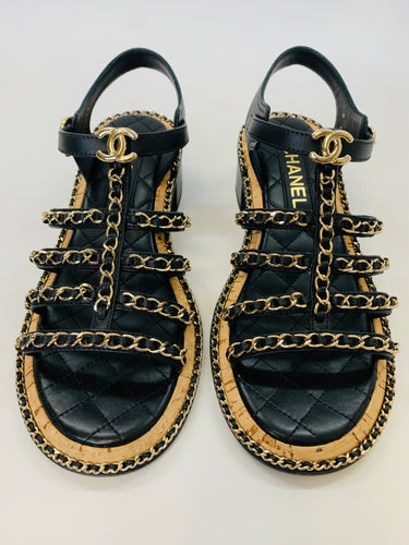 CHANEL Black CC Chain and Cork Sandals Size 39