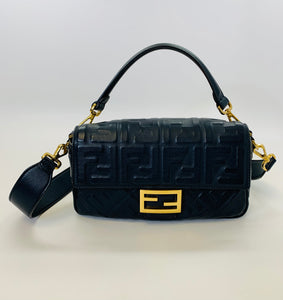 Fendi Navy Blue FF Embossed Baguette Bag