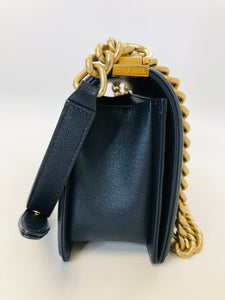 CHANEL Dark Blue Grained Calfskin Medium Boy Bag