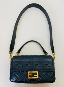 Fendi Navy Blue FF Embossed Baguette Bag