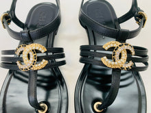 Load image into Gallery viewer, CHANEL Black CC Flat Thong Sandals Size 36