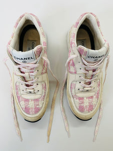 CHANEL Pink and Ivory Tweed CC Sneakers Size 37 1/2