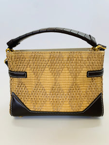 Balmain Bbuzz 22 Brown Calfskin and Raffia Top Handle Bag with Strap