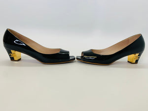 CHANEL Black Patent Leather Peep Toe Pumps Size 38