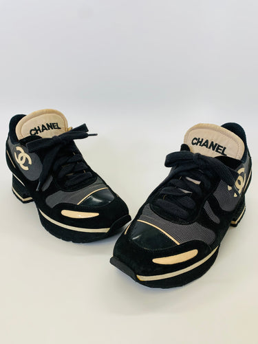 CHANEL Vintage Black And Beige CC Platform Sneakers Size 37 1/2